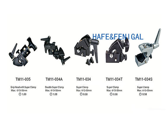 Superclampe e teste di presa professionali per il montaggio di attrezzature per studio, palcoscenico e pellicola